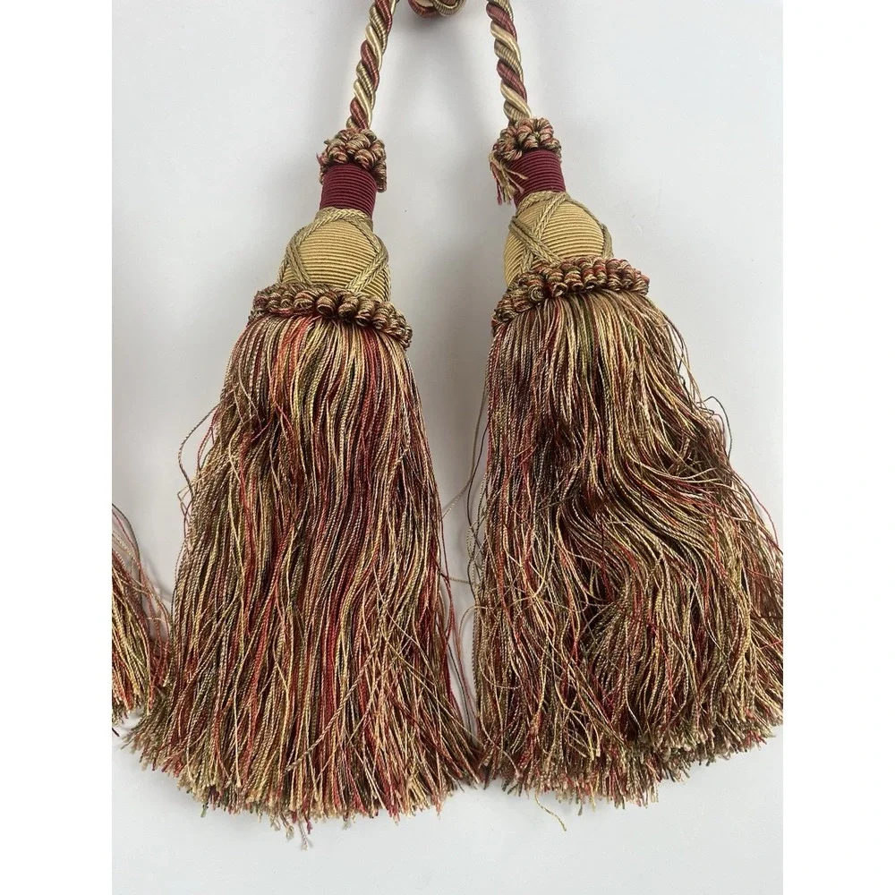 Vintage 90s Set Of Double Tassel Curtain Tiebacks Burgundy & Gold